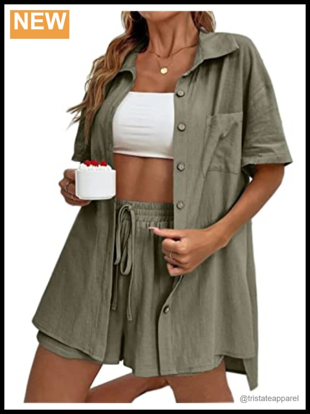 Womens 2 Piece Cotton Linen Lounge Set Button Down Shirt & High Waisted Shorts
